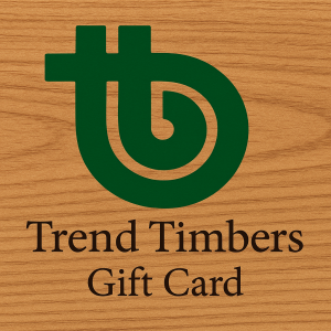 Trend Timbers gift card with green logo on wood grain background
