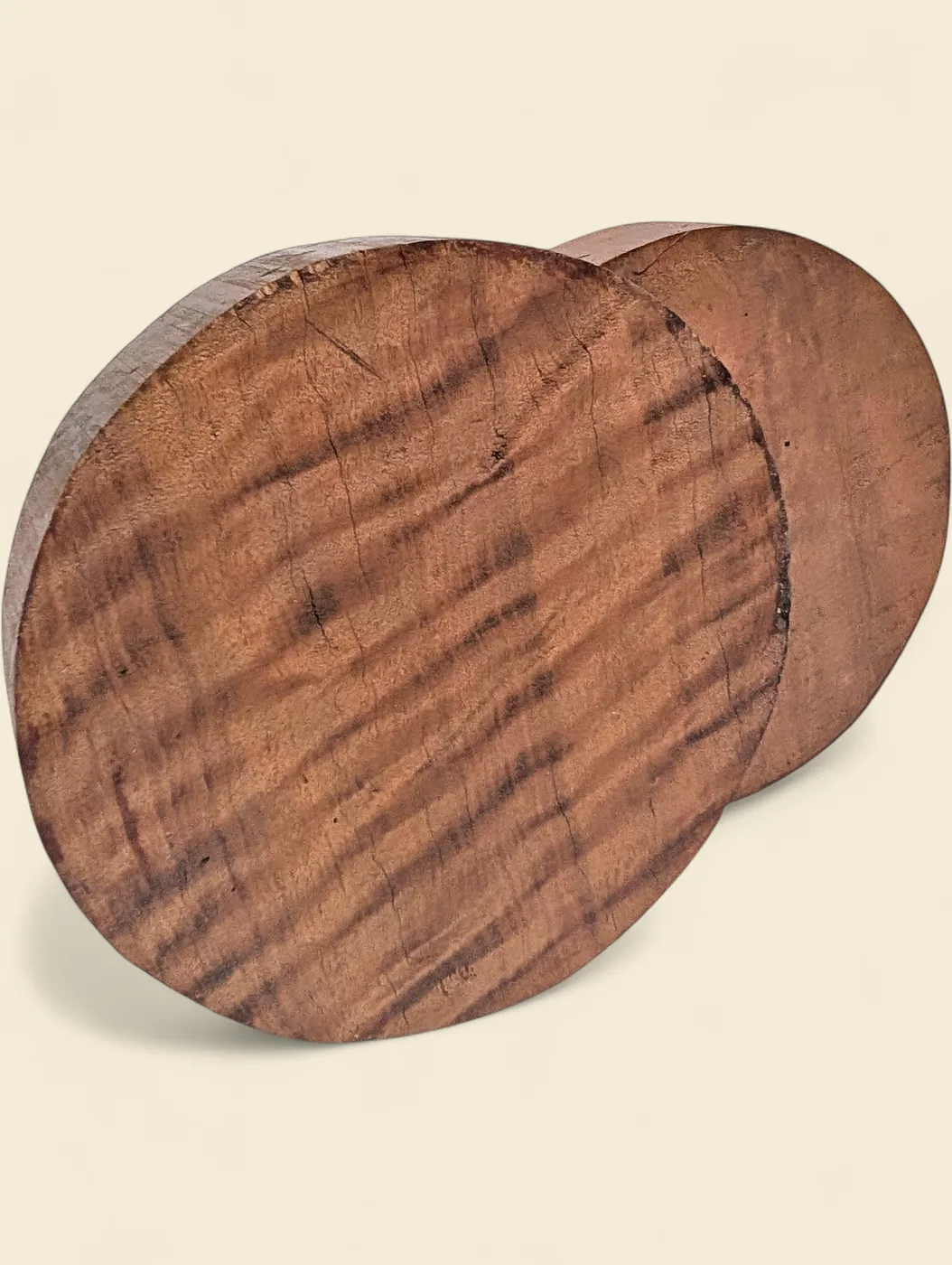 Figured Red Gum bowl blank, 190mm diameter - face detail showing grain and figure, on linen backdrop
