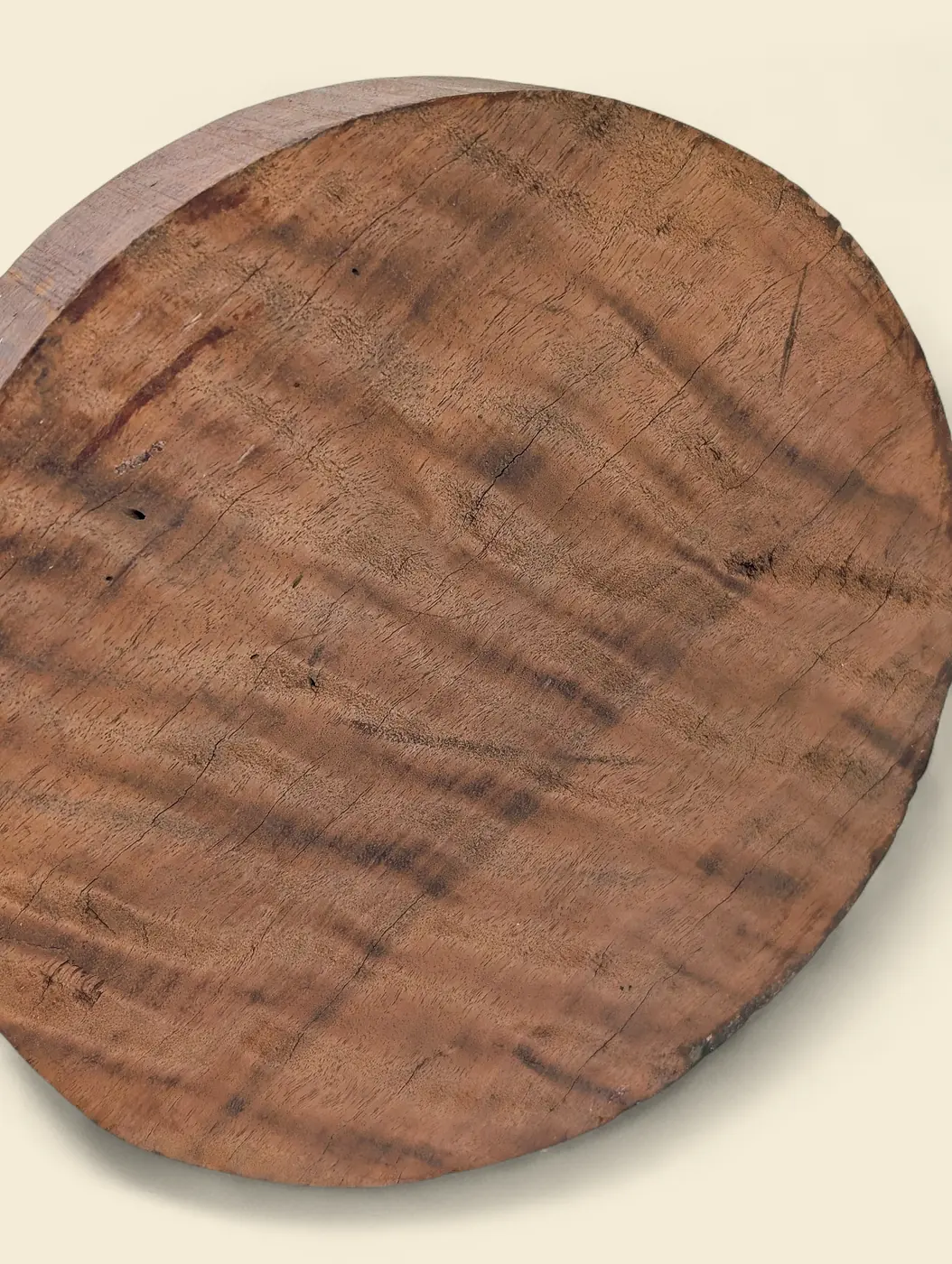 Figured Red Gum bowl blank, 190mm diameter on linen backdrop - Trend Timbers Trend Reserve