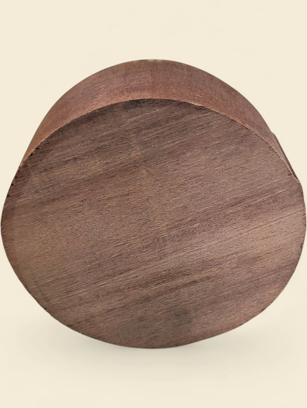 Rose Alder bowl blank, 120mm diameter - face detail showing grain and figure, on linen backdrop