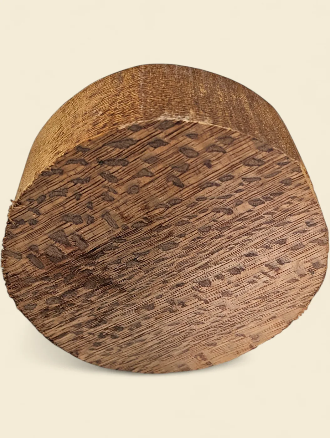 Satin Oak bowl blank, 115mm diameter - face detail showing grain and figure, on linen backdrop