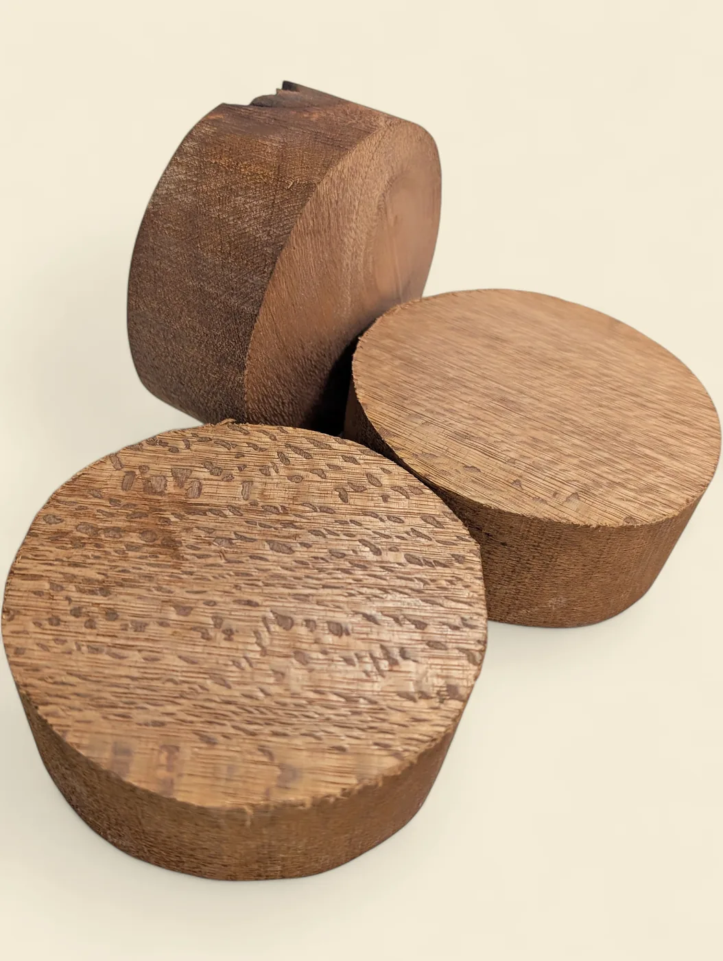 Satin Oak bowl blank, 115mm diameter on linen backdrop - Trend Timbers Trend Reserve