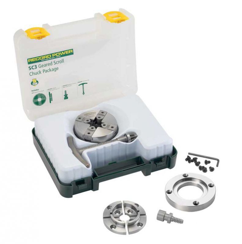 Record Power SC3 scroll chuck package included free with this lathe
