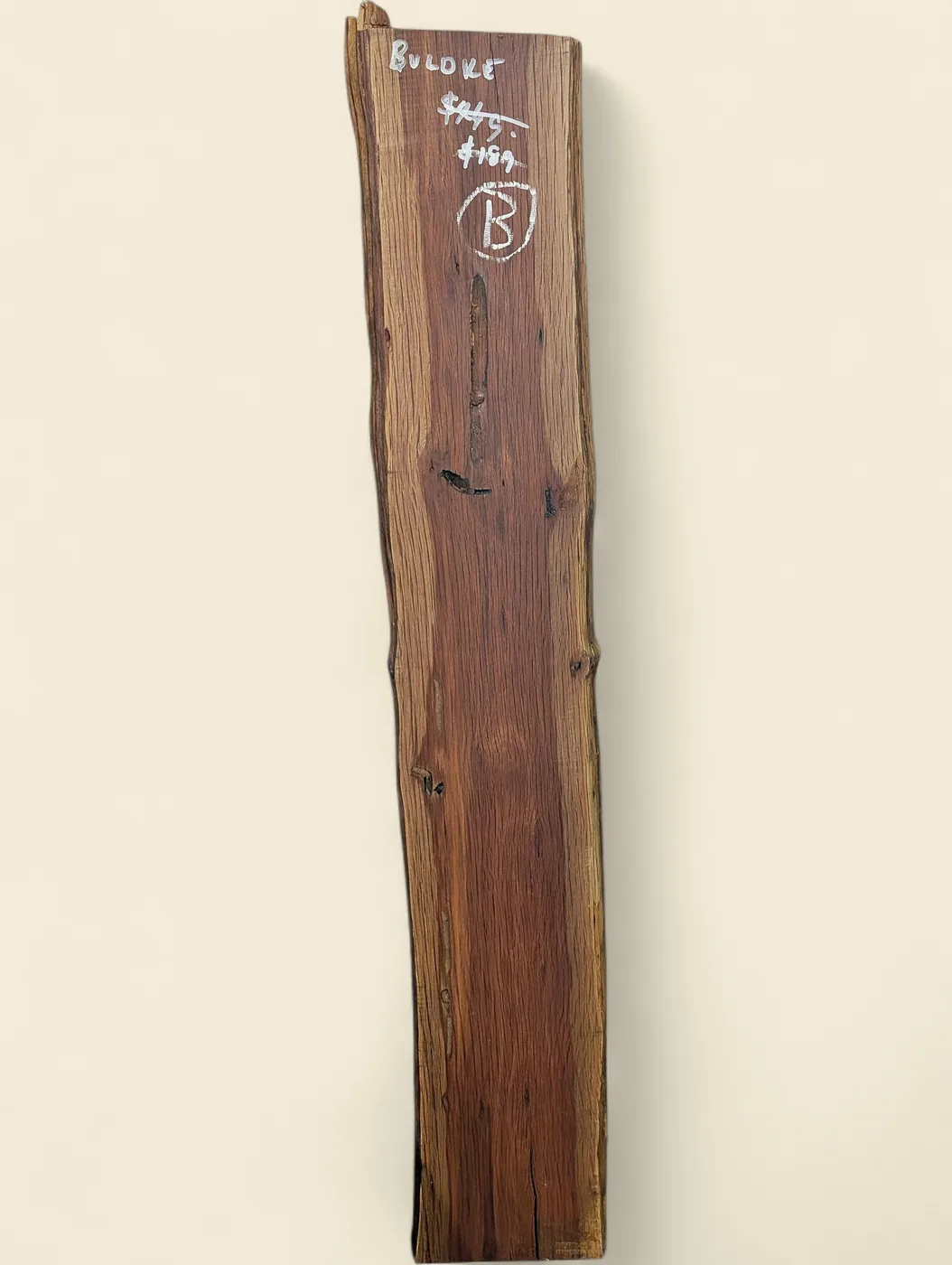 Buloke dressed live edge slab B, 210 x 22 x 1300mm - full board, marked face - Trend Timbers