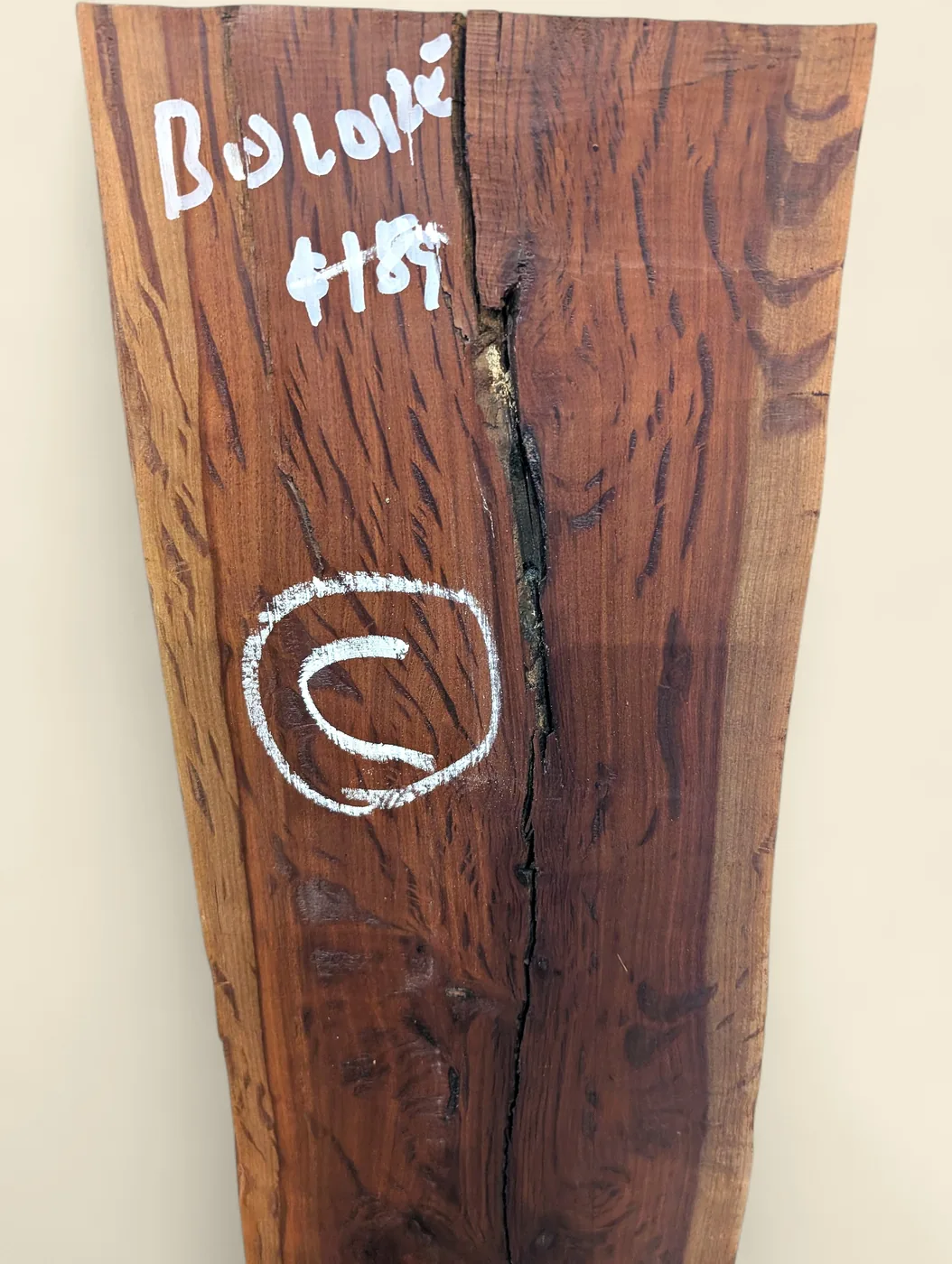 Buloke dressed live edge slab C, 200 x 22 x 1300mm - shop marking close-up - Trend Timbers