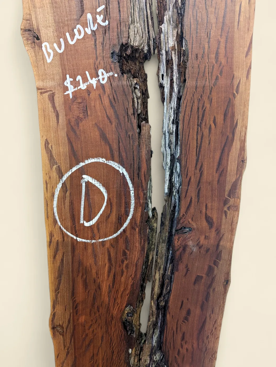 Buloke dressed live edge slab D, 240 x 22 x 1500mm - shop marking close-up - Trend Timbers