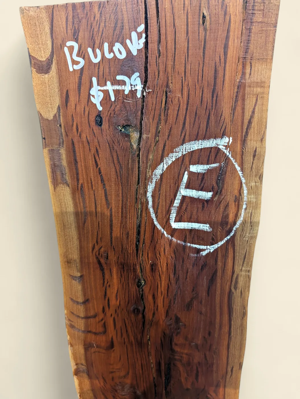 Buloke dressed live edge slab E, 200 x 22 x 1300mm - shop marking close-up - Trend Timbers