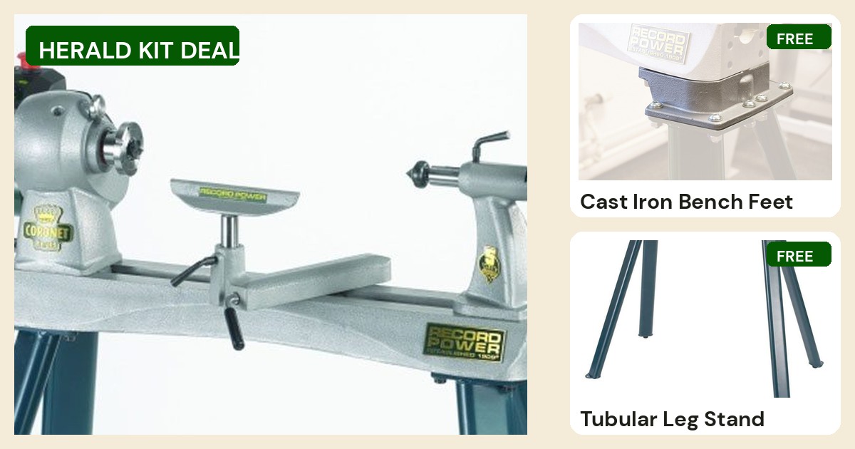 Record Power Coronet Herald lathe with free bench feet and leg stand at Trend Timbers — image 1