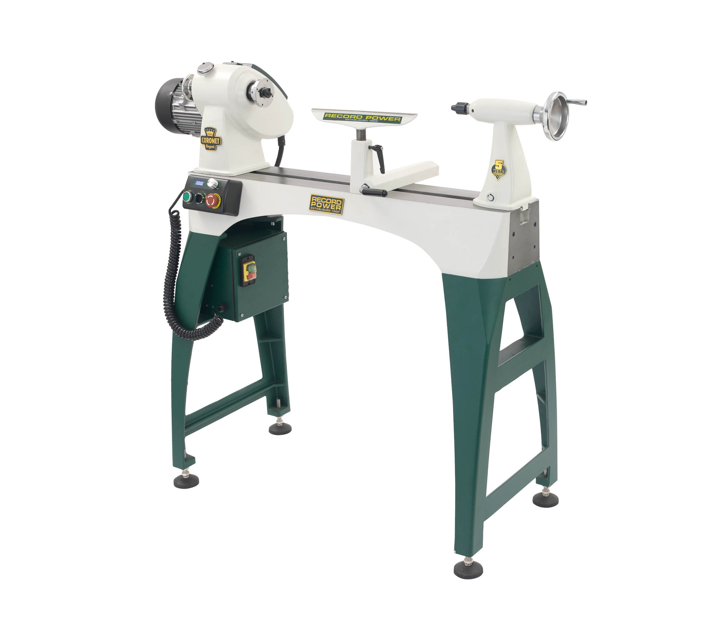 Record Power Coronet Envoy heavy-duty cast iron variable speed lathe on its cast iron stand