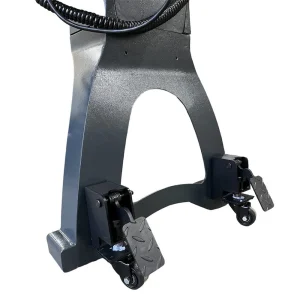 Woodfast 4-piece mobility wheel kit fitted to the leg of a WL3040A wood lathe, retractable swivel castors with tread plates