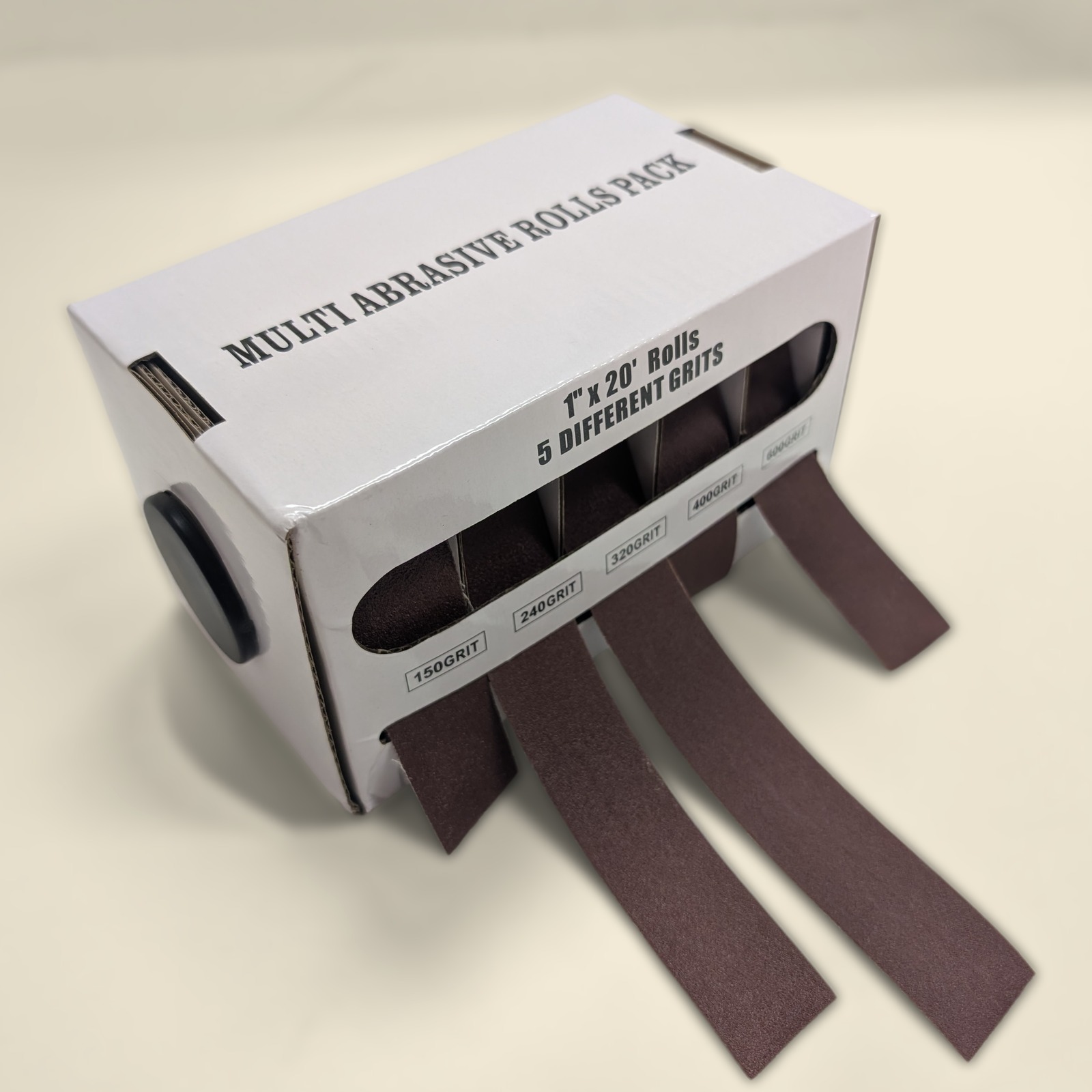 Abrasive roll dispenser box from an angle showing the side axle