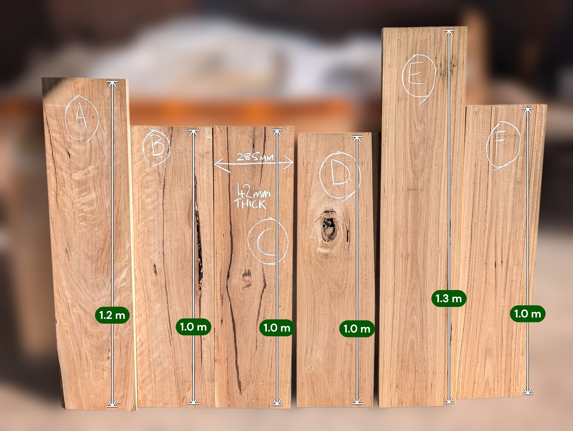Blackbutt boards A to F with lengths marked: 1.2m, four at 1.0m, and 1.3m