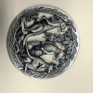 Pewter potpourri lid with three pierced kangaroos
