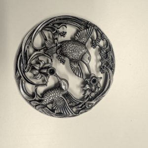 Pewter potpourri lid with pierced honey eater and banksia design