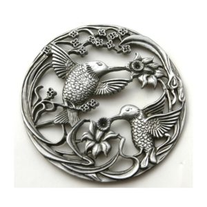 Pewter-look metal potpourri lid with honey eater bird design