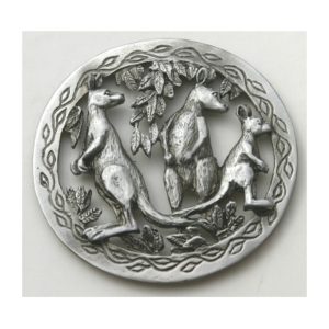 Pewter-look metal potpourri lid with three kangaroos design