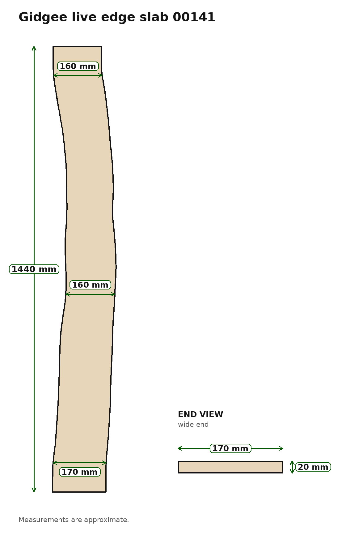 Gidgee live edge slab 00141, measured outline drawing