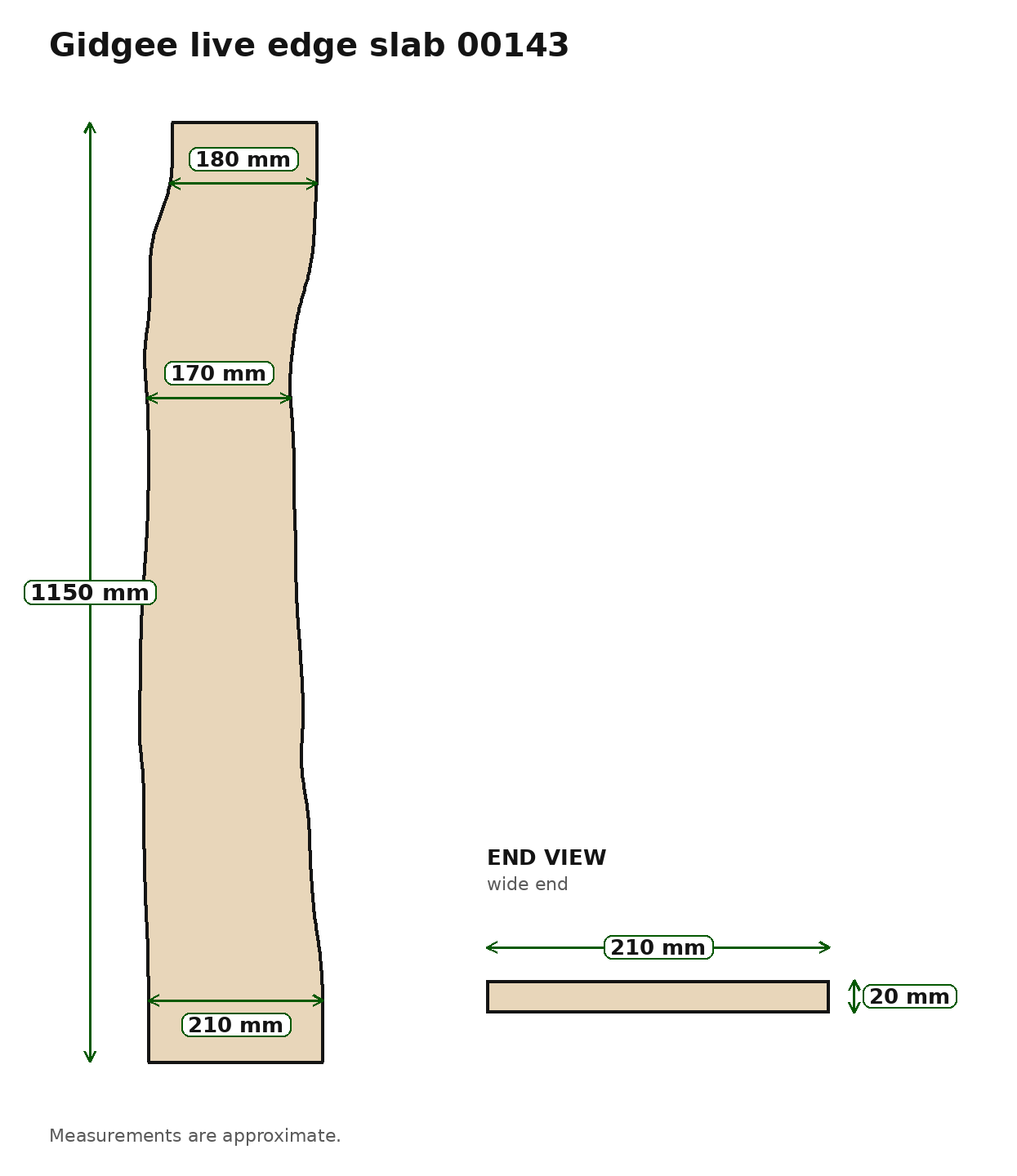 Gidgee live edge slab 00143, measured outline drawing